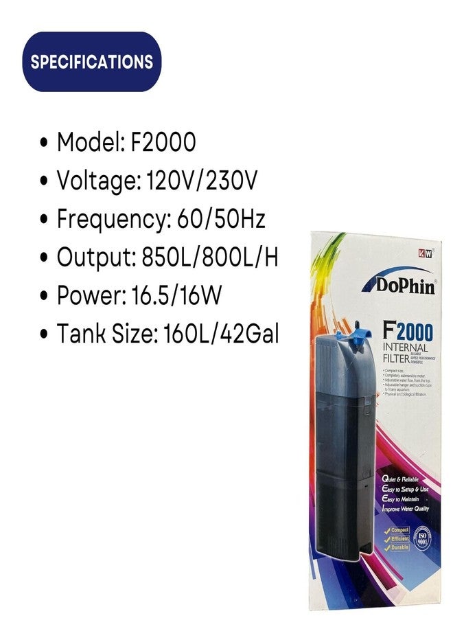 فلتر داخلي Dophin F2000 لأحواض أسماك الزينة | محرك غاطس بالكامل | معدل التدفق: 850/800 لتر/ساعة | مناسب لأحواض أسماك سعة 160 لترًا | (أصلي من متجر Tunai) - Image 3